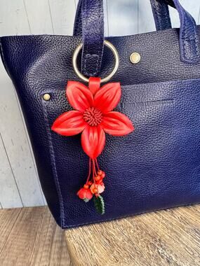 Genuine Leather Flower Purse Charm Leather Flower Bag Charm Red Bag Charm